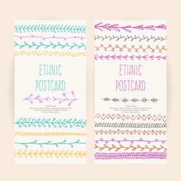 Ethnic postcard background with hand drawn line border. Stock Illustration