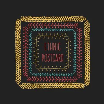 Ethnic postcard background with hand drawn line border. Stock Illustration
