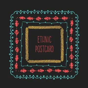 Ethnic postcard background with hand drawn line border. Stock Illustration