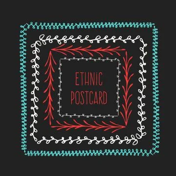 Ethnic postcard background with hand drawn line border. Stock Illustration