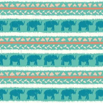 Ethnic repeat seamless ikat pattern with elephants lines and triangles. Orange Stock Illustration