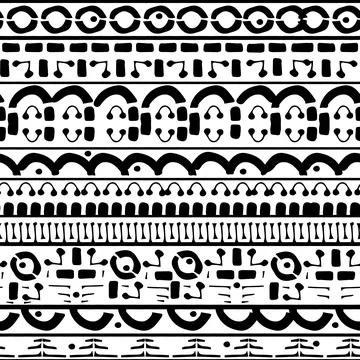 Ethnic seamless border pattern in black and white color. Tribal line freehand Stock Illustration