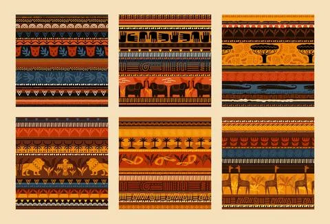 Ethnic seamless pattern. Abstract nature, animals and geometric painting 스톡 일러스트