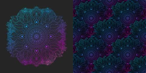 Ethnic seamless pattern and flower mandala in a pink, purple, blue palette 스톡 일러스트