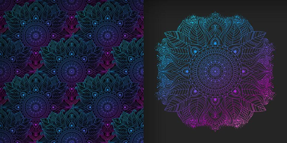 Ethnic seamless pattern and flower mandala in a psychedelic pink blue palette Illustrazione stock