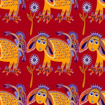 Ethnic seamless pattern fabric with unusual tribal animal Stock Illustration