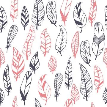 Ethnic seamless pattern with hand drawn feathers Stock Illustration