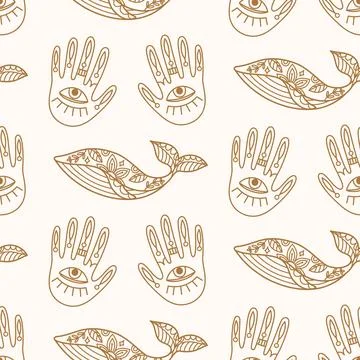 Ethnic seamless pattern with hands and magic whales Stock Illustration
