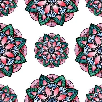 Ethnic seamless pattern mandala flower red green color. Abstract decorative Stock Illustration