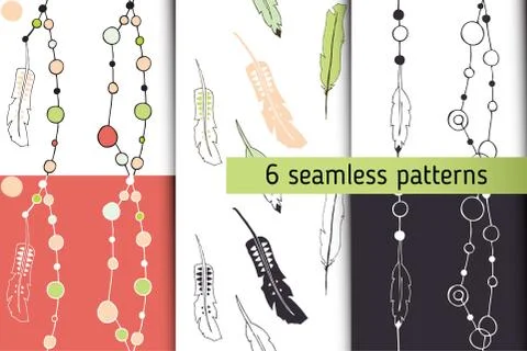 Ethnic seamless patterns collection with arrows, feathers, garlands. Tribal Stock Illustration