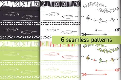 Ethnic seamless patterns collection with arrows, feathers, garlands, laurel Stock Illustration