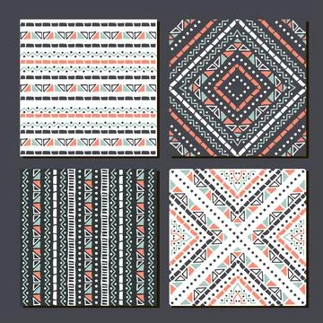Ethnic seamless patterns. Set of aztec geometric backgrounds. Stock Illustration
