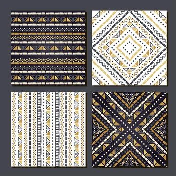 Ethnic seamless patterns. Set of aztec geometric backgrounds. Stock Illustration