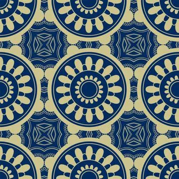 Ethnic seamless tight vector pattern. Blue and gold mandalas Stock Illustration
