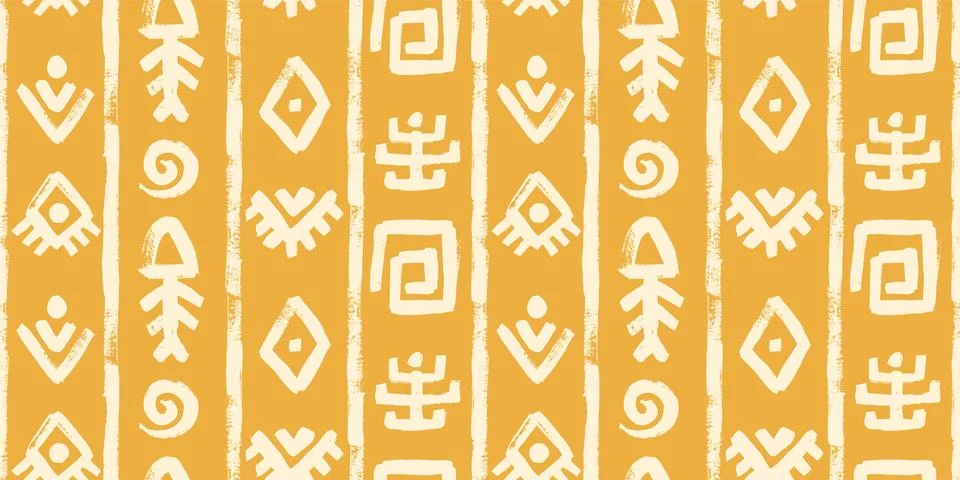 Ethnic seamless vector drawing with vertical lines swirl, fish bone and eye Stock Illustration