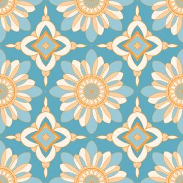 Ethnic seamless vector pattern. Blue and orange geometric flower mandalas. Stock Illustration