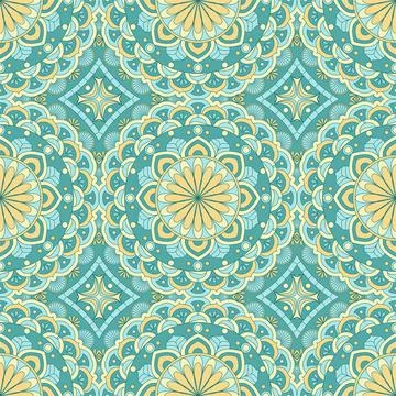 Ethnic seamless vector pattern. Green and yellow geometric flower. Stock Illustration
