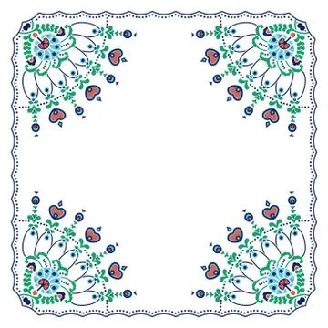 Ethnic square shape with decorated corners and heart and flower symbols Stock Illustration
