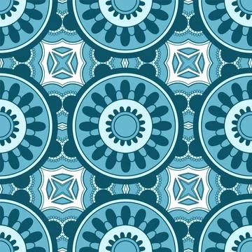 Ethnic tight vector pattern. Blue rhombus and circle mandalas Stock Illustration