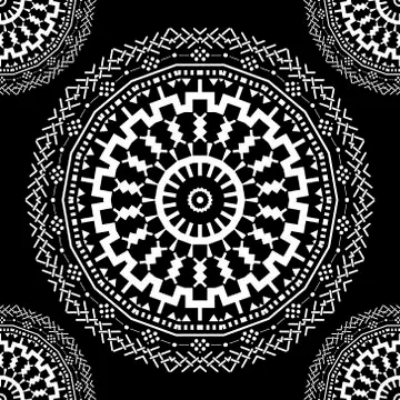 Ethnic vector round mandalas vector seamless pattern. Geometric black and whi Stock Illustration