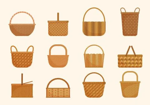 Ethnic wicker baskets set. Large volumes and small basket for berries yellow Stock Illustration