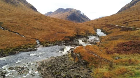 Etive Waterfall Flyover Stock Footage 121226372