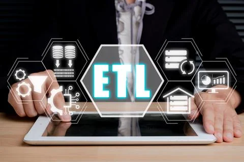 ETL extract transform load concept, Person using digital tablet with extrac.. Stock Photos