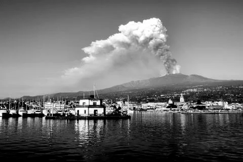 Etna eruption from the port Etna Stock Photos