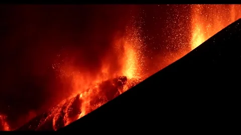Etna: Lava eruption and strong explosions with incandescent fountains  Stock Footage 312703841