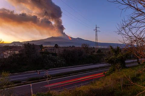 Etna volcano during the eruption Stock Photos