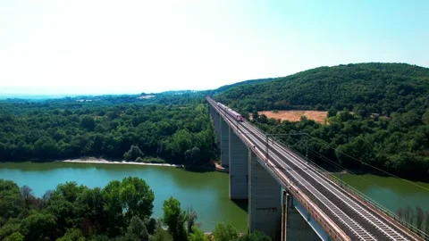 ETR Freccia Rossa 1000 High Speed Train Tuscany Bridge Italy Aerial drone view 스톡 동영상 201801392