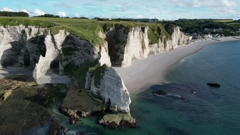 Etretat and famous white cliffs Stock Footage 308744653