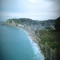 Etretat coastline, view on town from mountain top, famous resort place in France 4k or 4k+ Resolution