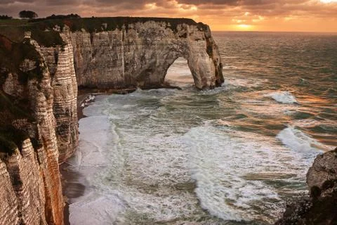 Etretat at sunset Stock Photos
