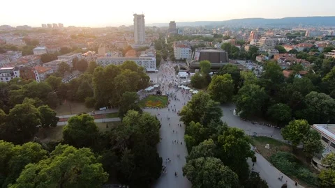 EU 2019 Summer Sunset Drone View of Central Varna and Sea Garden Stock Footage 323454422