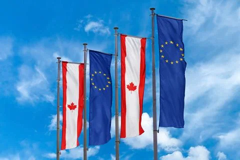 EU and Canada Vertical Flags – Alternating Banner Display on Poles Stock Illustration
