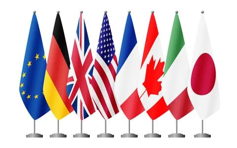 EU and G7 countries flags on flag stands vector Stockillustratie