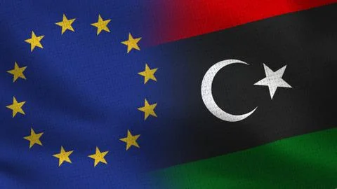 EU and Libya Realistic Half Flags Together - European Union Illustrazione stock