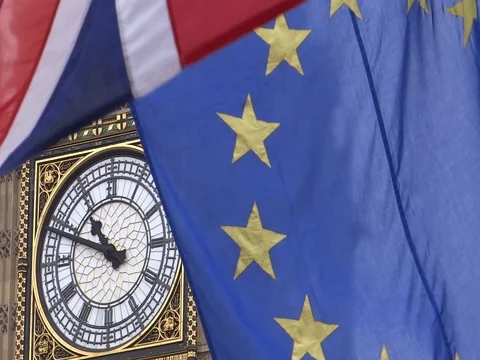 EU and UK flags are waving in front of Big-Ben, London, UK 動画素材 75536697