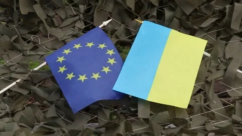 The EU and Ukrainian flags are attached to a military camouflage net made Stock Footage 316449922