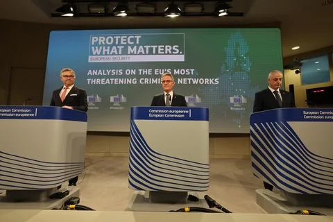 EU Commission press conference on analysis of the organised crime, Brussels, Bel Stock Photos