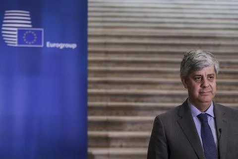 EU Eurogroup President Mario Centeno appeals to EU finance ministers to back a f Stock Photos
