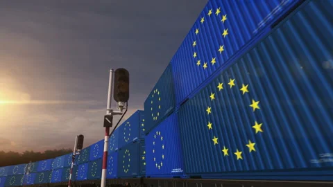 EU export containers on cargo train wagons loop Stock Footage 279970596