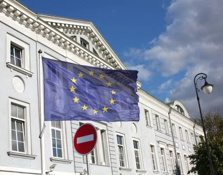 Eu flag and "do not enter" road sign Stock Photos