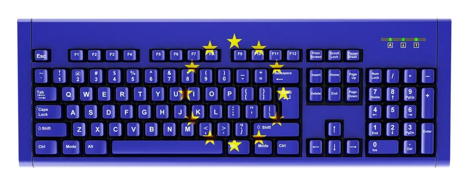 The EU flag painted on computer keyboard. 3D rendering Illustrazione stock