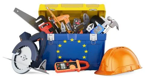The EU flag painted on the toolbox. Service, repair and construction in th... Stock Photos