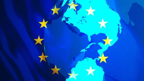 EU flag with rotating planet Earth. European Union global politics concept Video stock 304008516