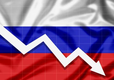 EU Flag Russia down arrow, the concept of failures Illustrazione stock