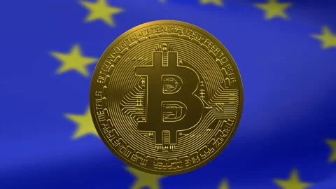 EU flag with spinning Bitcoin 스톡 동영상 165856578