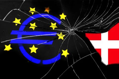 EU flag on the texture of broken into sharp fragments of black glass with a s Stock Photos